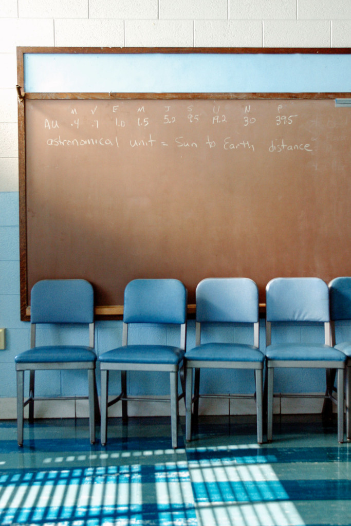 chairs in front of chalkboard in classroom